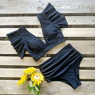 SPORLIKE Women Ruffle High Waist Swimsuit Two Pieces Push Up Black Bikini (Black,Large)