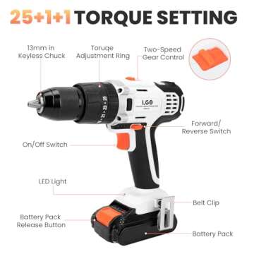 LIGO 20V Cordless Drill Driver with Impact, 25+1+1 Torque Setting, 1/2 Inch, 2 Speed, with 2.0Ah Bat...