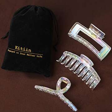 Kitiin Hair Clips, Iridescent Clear Strong Jaw Claw Clips for Women Girls, Hair Accessories, 3 Pcs
