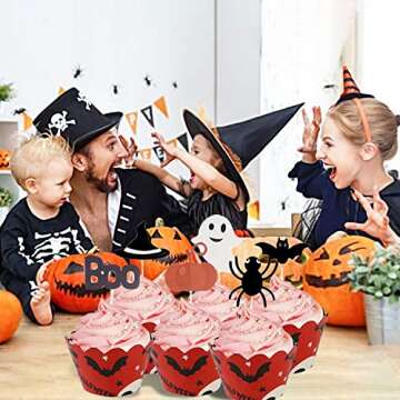 Kalolary Halloween Cupcake Toppers Wrappers, 24Pcs Ghost Pumpkin Spider Bat Halloween Cupcake Wrapper Decor with Cupcake Cups for Halloween Party Kitchen Cupcake Baking Supplies