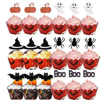 Kalolary Halloween Cupcake Toppers Wrappers, 24Pcs Ghost Pumpkin Spider Bat Halloween Cupcake Wrapper Decor with Cupcake Cups for Halloween Party Kitchen Cupcake Baking Supplies