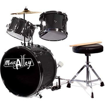 Music Alley 3 Piece Kids Drum Set - Complete Metallic Black Set with Throne