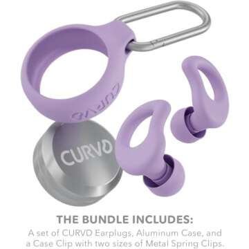 CURVD Everyday Earplugs + Case Clip Bundle, the perfect earplug for sleep, travel, noise sensitivity/canceling + Case Clip package portable waterproof container & silicone sleeve for Ear plugs(Purple)