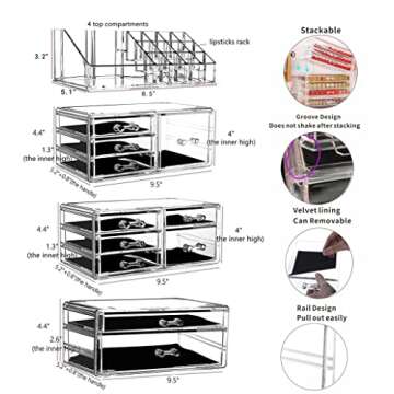 Cq acrylic 4 Pack Clear Make Up Organizers for Vanity, Stackable 11 Drawers Make Up Organizer,Cute D...