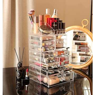 Cq acrylic 4 Pack Clear Make Up Organizers for Vanity, Stackable 11 Drawers Make Up Organizer,Cute Desk Organizer for Vanity Jewelry,Hair Clip,Beauty, Skincare Product Dresser Acrylic Drawer Organizer