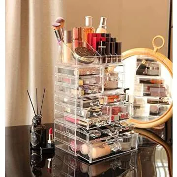 Cq acrylic 4 Pack Clear Make Up Organizers for Vanity, Stackable 11 Drawers Make Up Organizer,Cute Desk Organizer for Vanity Jewelry,Hair Clip,Beauty, Skincare Product Dresser Acrylic Drawer Organizer