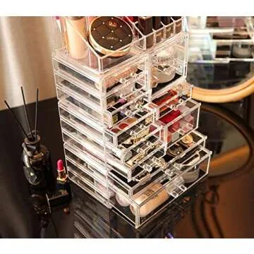 Cq acrylic 4 Pack Clear Make Up Organizers for Vanity, Stackable 11 Drawers Make Up Organizer,Cute Desk Organizer for Vanity Jewelry,Hair Clip,Beauty, Skincare Product Dresser Acrylic Drawer Organizer
