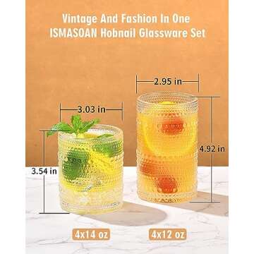 ISMASOAN Vintage Hobnail Drinking Glasses Set of 8,Hobnail Glassware 14 oz and 12 oz,Bubble Glasses ...