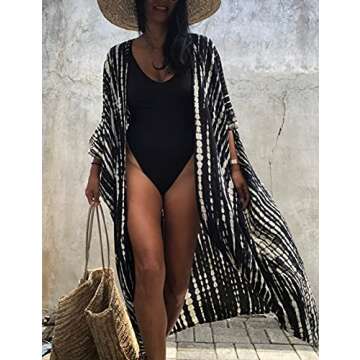 Eddoyee Women Plus Size Cover Up Beach Cardigan Tie Dye Print Kimonos Swimsuit Coverup Black White S...