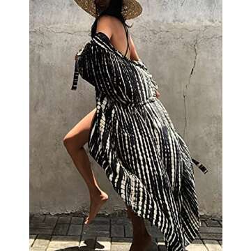 Eddoyee Women Plus Size Cover Up Beach Cardigan Tie Dye Print Kimonos Swimsuit Coverup Black White Stripes