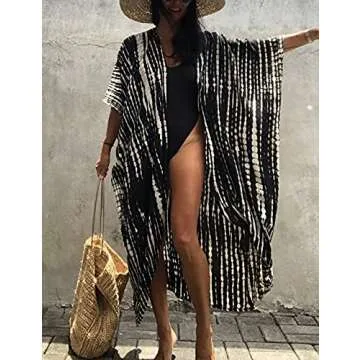 Eddoyee Women Plus Size Cover Up Beach Cardigan Tie Dye Print Kimonos Swimsuit Coverup Black White Stripes
