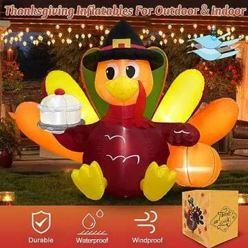 Danxilu 6FT Thanksgiving Inflatables Turkey Outdoor Decorations Clearance, Colorful Big Tail Inflatable Turkey with Cake Built-in LEDs Lights Blow Up Yard Decoration for Lawn Fall Holiday Decor