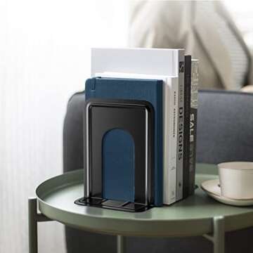 MaxGear Premium Matte Painted Book Ends, Heavy Duty and Sturdy Bookends for Shelves, Office Non-Skid Metal Book End Stopper for Books/CDs/DVDs, 6 x 4.6 x 6 in, Black (2 Pairs/4 Pieces, Large)