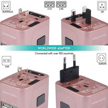 Universal Travel Adapter International All in One Plug (Rose Gold)- w/4 USB Ports Work - 150+ Countr...