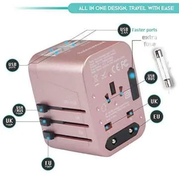 Universal Travel Adapter International All in One Plug (Rose Gold)- w/4 USB Ports Work - 150+ Countries - 220 Volt - Type C A G I for UK Japan Germany France EU European