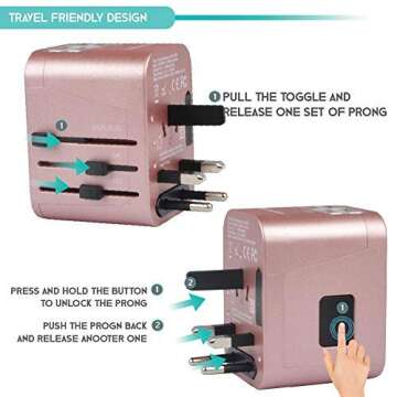 Universal Travel Adapter International All in One Plug (Rose Gold)- w/4 USB Ports Work - 150+ Countries - 220 Volt - Type C A G I for UK Japan Germany France EU European