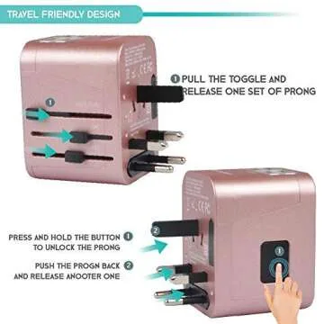 Universal Travel Adapter International All in One Plug (Rose Gold)- w/4 USB Ports Work - 150+ Countries - 220 Volt - Type C A G I for UK Japan Germany France EU European