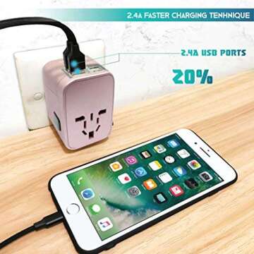Universal Travel Adapter International All in One Plug (Rose Gold)- w/4 USB Ports Work - 150+ Countries - 220 Volt - Type C A G I for UK Japan Germany France EU European