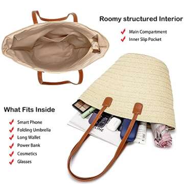 Herald Large Handmade Straw Purses for Women, Summer Beach Natural Weaving Chic Woven Tote Handbags Shoulder Bags (Beige)