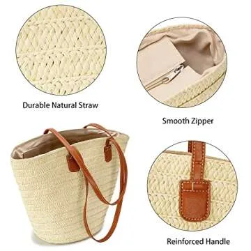 Herald Large Handmade Straw Purses for Women, Summer Beach Natural Weaving Chic Woven Tote Handbags Shoulder Bags (Beige)