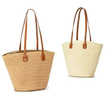 Herald Large Handmade Straw Purses for Women, Summer Beach Natural Weaving Chic Woven Tote Handbags Shoulder Bags (Beige)