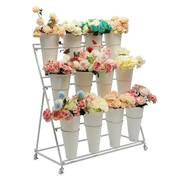 3 Tier Flower Cart Display Stand with Wheels - Organize Indoor Outdoor Flowers with 12 Buckets for G...