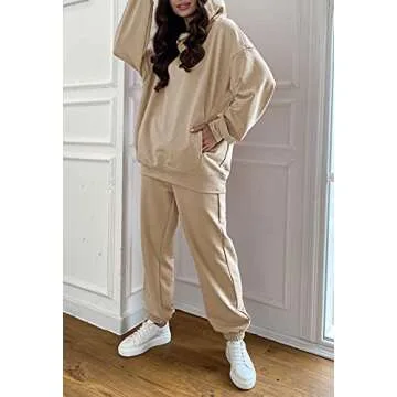 Fixmatti Women Hoodies Tracksuit Long Sleeve Hooded Matching Joggers Sweatpants Sweatsuit Sets Khaki M