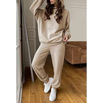 Fixmatti Women Hoodies Tracksuit Long Sleeve Hooded Matching Joggers Sweatpants Sweatsuit Sets Khaki M