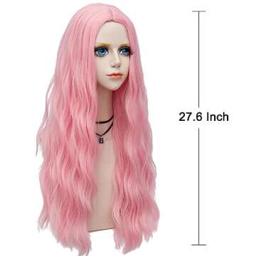 Probeauty Long Pink Wig Light Pink Wig for Women Synthetic Heat Resistant Curly Wave Cosplay Wig for Halloween Costume