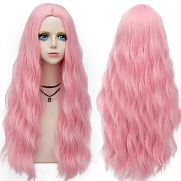 Probeauty Long Pink Wig Light Pink Wig for Women Synthetic Heat Resistant Curly Wave Cosplay Wig for Halloween Costume