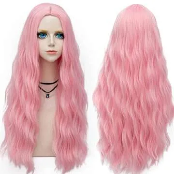 Probeauty Long Pink Wig Light Pink Wig for Women Synthetic Heat Resistant Curly Wave Cosplay Wig for Halloween Costume