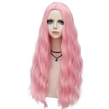 Probeauty Long Pink Wig Light Pink Wig for Women Synthetic Heat Resistant Curly Wave Cosplay Wig for Halloween Costume