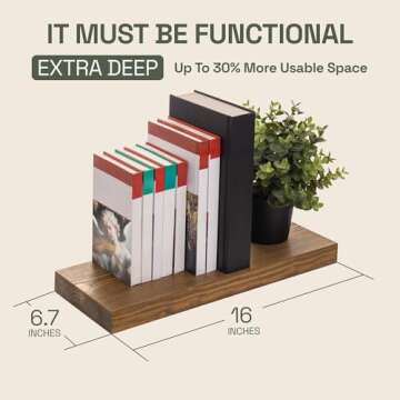 BAOBAB WORKSHOP Wood Floating Shelves 16 inch - Bathroom Shelves for Room Wall Mount - Wide Wooden Wall Shelves for Bedroom Kitchen Living Room - Walnut - 16D x 6.7W Inch, Set of 2