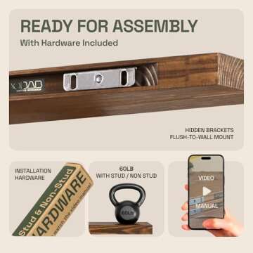 BAOBAB WORKSHOP Wood Floating Shelves 16 inch - Bathroom Shelves for Room Wall Mount - Wide Wooden Wall Shelves for Bedroom Kitchen Living Room - Walnut - 16D x 6.7W Inch, Set of 2