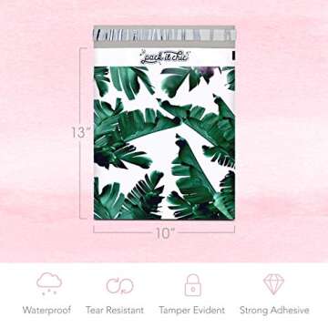 Pack It Chic - 10X13 (100 Pack) Tropical Leaves Poly Mailer Envelope Plastic Custom Mailing & Shipping Bags - Self Seal