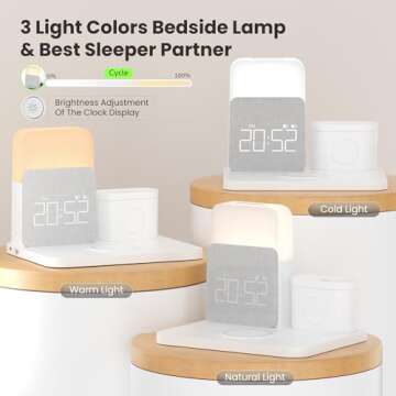 Alarm Clock with Wireless Charger for Bedrooms, 7 in 1 Wireless Charging Station, Mag-Safe Charger with Night Light Bedside Clock for iPhone 16 15 14 13 12 Pro Max, Apple Watch, AirPods