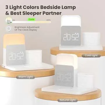 Alarm Clock with Wireless Charger for Bedrooms, 7 in 1 Wireless Charging Station, Mag-Safe Charger with Night Light Bedside Clock for iPhone 16 15 14 13 12 Pro Max, Apple Watch, AirPods