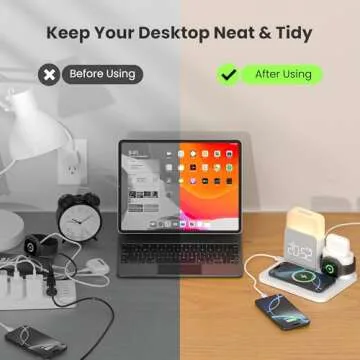 Alarm Clock with Wireless Charger for Bedrooms, 7 in 1 Wireless Charging Station, Mag-Safe Charger with Night Light Bedside Clock for iPhone 16 15 14 13 12 Pro Max, Apple Watch, AirPods