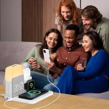 Alarm Clock with Wireless Charger for Bedrooms, 7 in 1 Wireless Charging Station, Mag-Safe Charger with Night Light Bedside Clock for iPhone 16 15 14 13 12 Pro Max, Apple Watch, AirPods