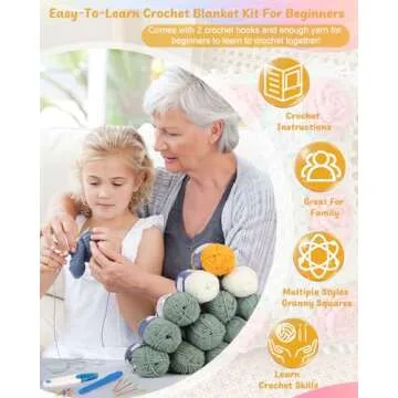 Coopay Crochet Kit Beginners for Blanket, Granny Squares Crochet Blanket Kit with Instructions & Enough Yarn, Complete Crochet Starter Kit Easy Learn to Crochet Blanket Kit for Beginners Adults