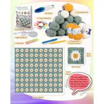 Coopay Crochet Kit Beginners for Blanket, Granny Squares Crochet Blanket Kit with Instructions & Enough Yarn, Complete Crochet Starter Kit Easy Learn to Crochet Blanket Kit for Beginners Adults