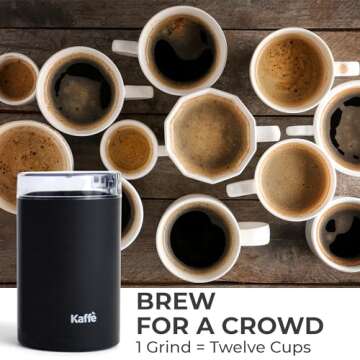 Kaffe One-Touch Coffee Grinder Electric w/Cleaning Brush (3 oz) - Coffee Grinders for Home Use - Up to 12 Cups of Coffee per Grind - Easy On/Off Coffee Bean Grinder - Matte Black