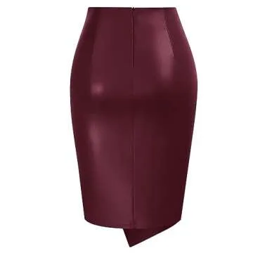 Kate Kasin Women's Stretch Knee Length Bodycon Leather Skirts Zip-up High Waisted Wrap Business Penc...