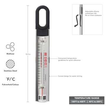 KitchenAid KQ907 Curved Stainless Steel Paddle Style Candy and Deep Fry Thermometer with pan clip, TEMPERATURE RANGE: 100F to 400F, Black