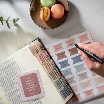 DiverseBee Laminated Bible Tabs (Petite Size, Easy to Read), Bible Study Journaling Supplies, Bible Book Tabs, 73 Bible Tabs Old and New Testament, Includes 11 Blank Tabs (Macarons)