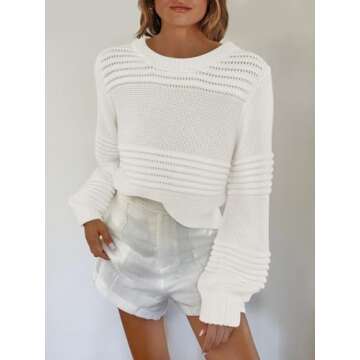 ANRABESS Womens Crew Neck Long Lantern Sleeve Crochet Sweaters 2024 Fall Oversized Ribbed Knit Casua...