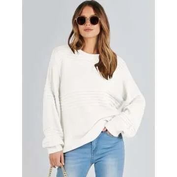 ANRABESS Womens Crew Neck Long Lantern Sleeve Crochet Sweaters 2024 Fall Oversized Ribbed Knit Casual Pullover Tops White Large