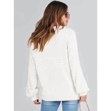 ANRABESS Womens Crew Neck Long Lantern Sleeve Crochet Sweaters 2024 Fall Oversized Ribbed Knit Casual Pullover Tops White Large