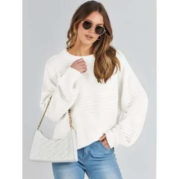 ANRABESS Womens Crew Neck Long Lantern Sleeve Crochet Sweaters 2024 Fall Oversized Ribbed Knit Casual Pullover Tops White Large