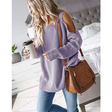 MaQiYa Women's Cold Shoulder Oversized Sweaters Batwing Long Sleeve Square Neck Chunky Knit Fall Tun...